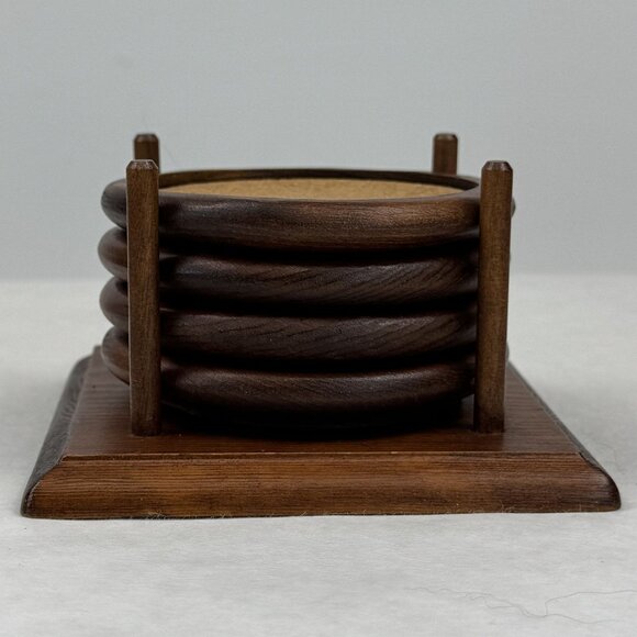 Vintage Wooden Coaster Set Four-Post Holder 4 Wood Coasters with Cork Inserts - Picture 3 of 14